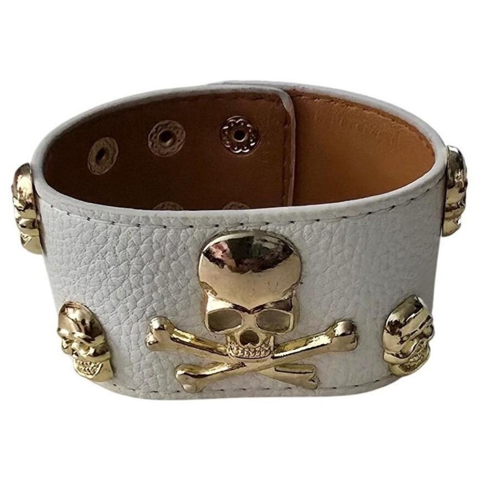 White Pebbled Leather Skull and Crossbones Cuff Bracelet Gold Studded Edgy Punk
